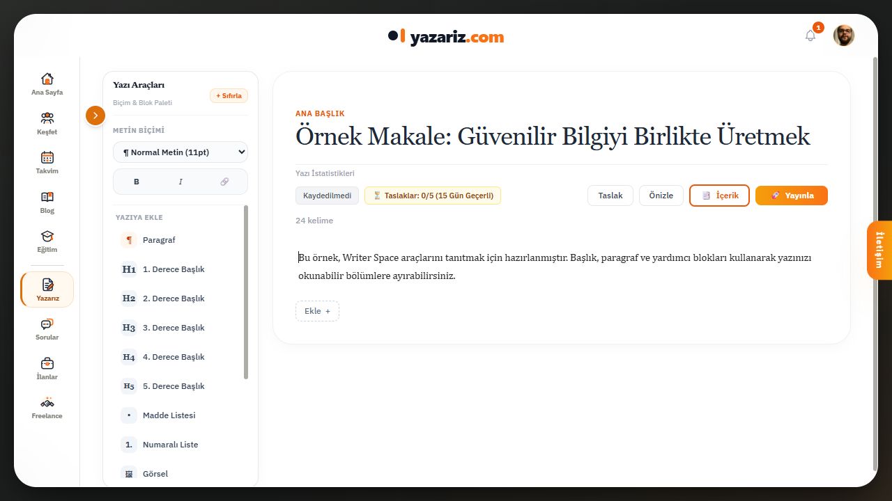 Yazarız: editöre giriş. Ana Başlık: makalenin adı. Altındaki alan: ilk paragraf.