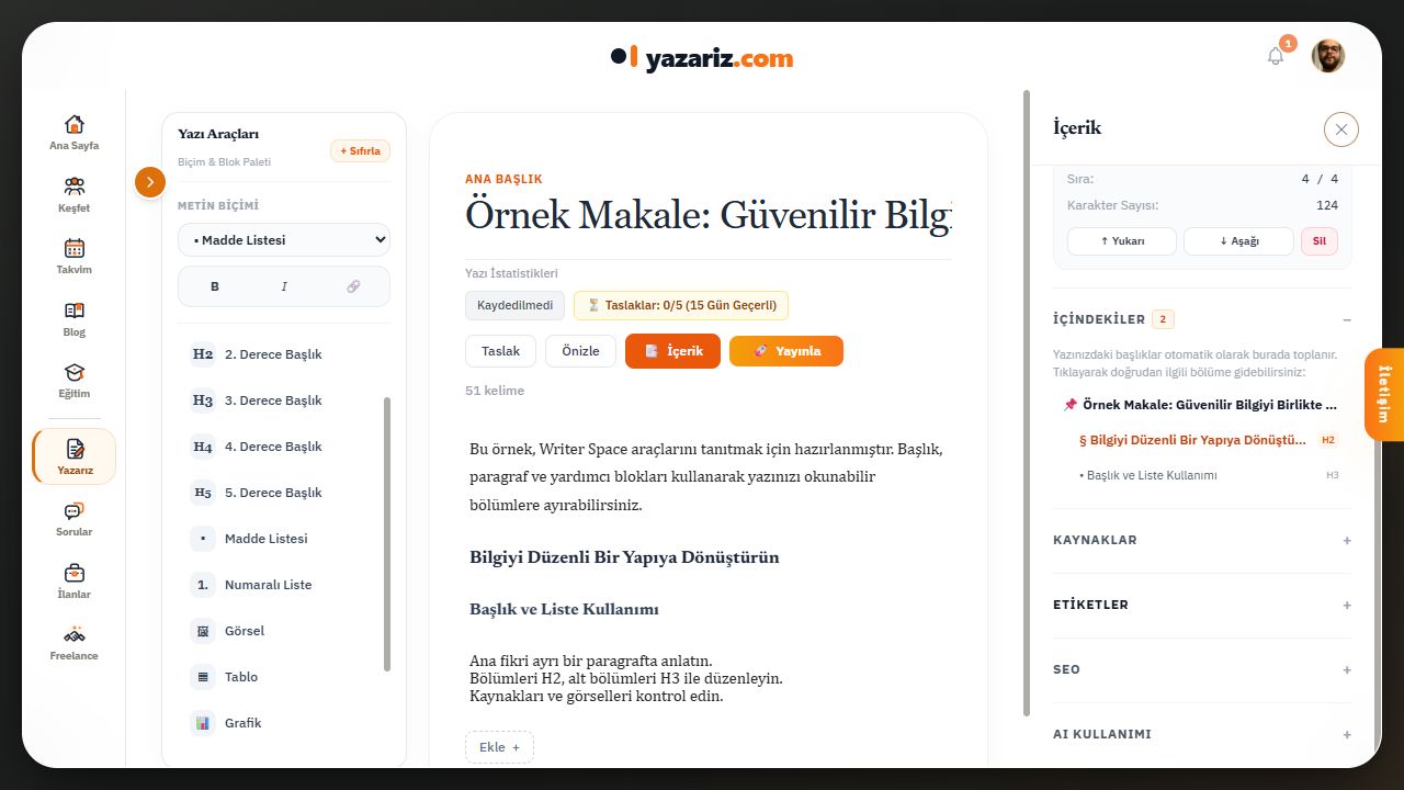 H2/H3 başlıkları otomatik içerik haritasını oluşturur; Yukarı/Aşağı seçili bloğun sırasını değiştirir.