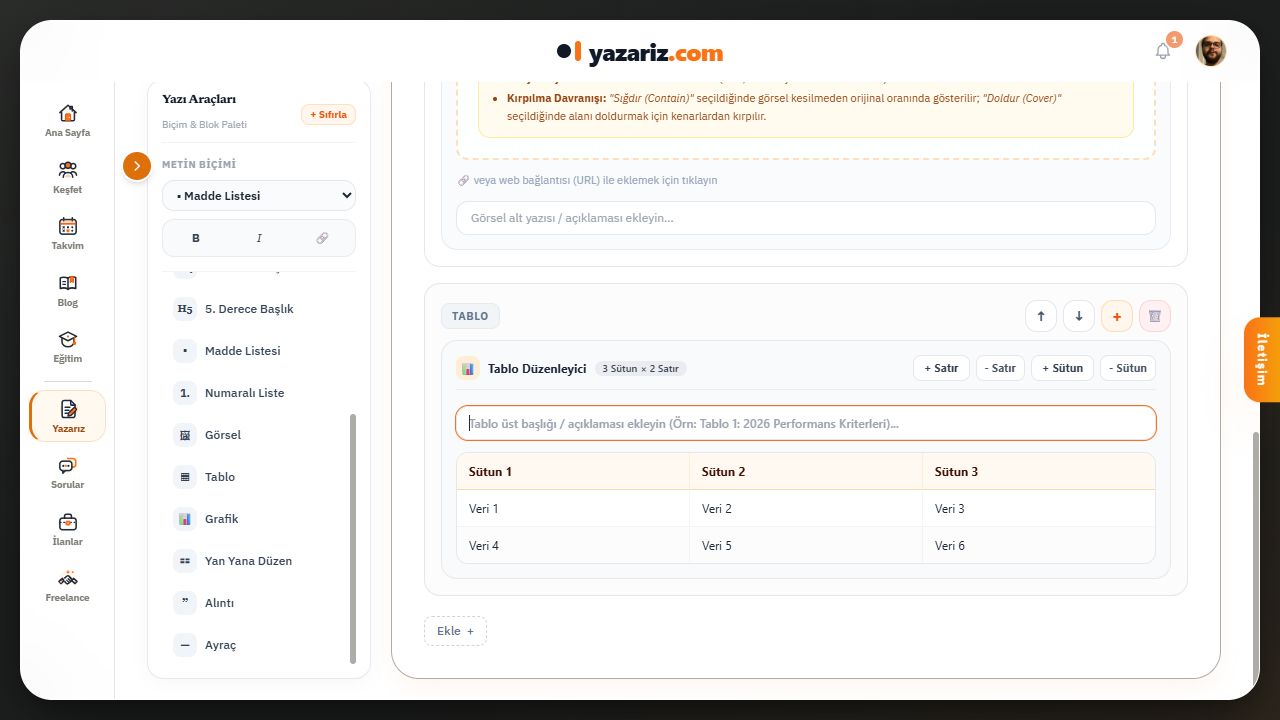 Tablo düzenleyici: başlık, hücreler ve satır/sütun ekleme-kaldırma düğmeleri.