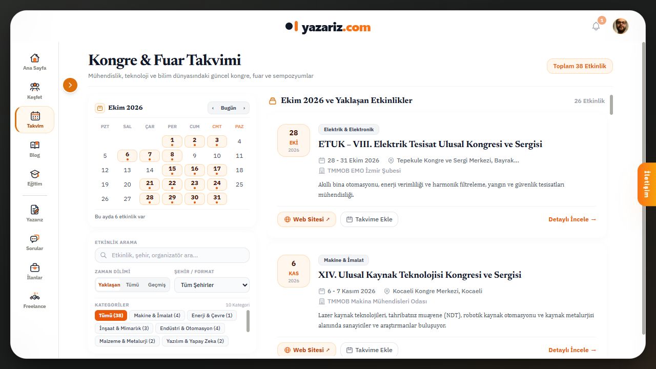 yazariz.com Kongre & Fuar Takvimi: aylık görünüm, arama, filtreler ve etkinlik kartları.