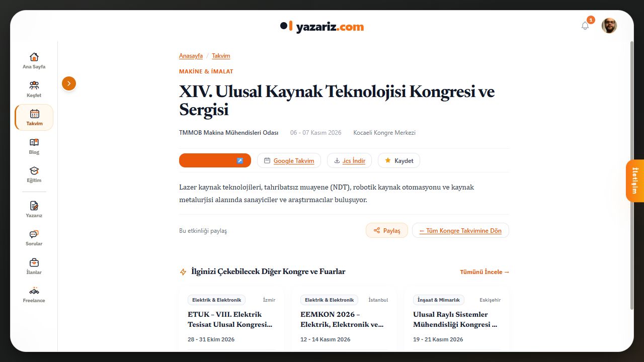 Etkinlik ayrıntısı: resmî site, Google Takvim, .ics İndir, Kaydet ve Paylaş seçenekleri.