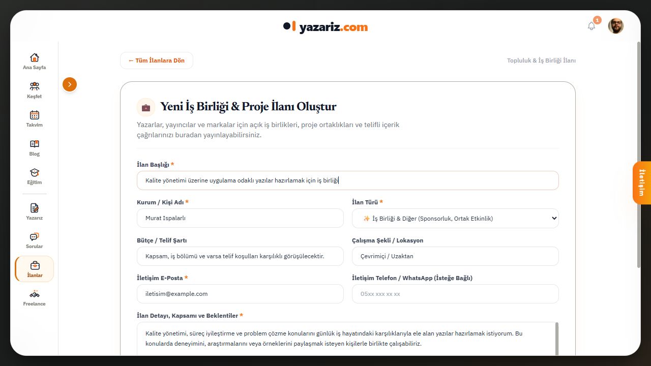 Kapsam, iletişim ve yayınlama alanları. Görseldeki example.com adresi temsili olup gerçek iletişim adresi değildir.