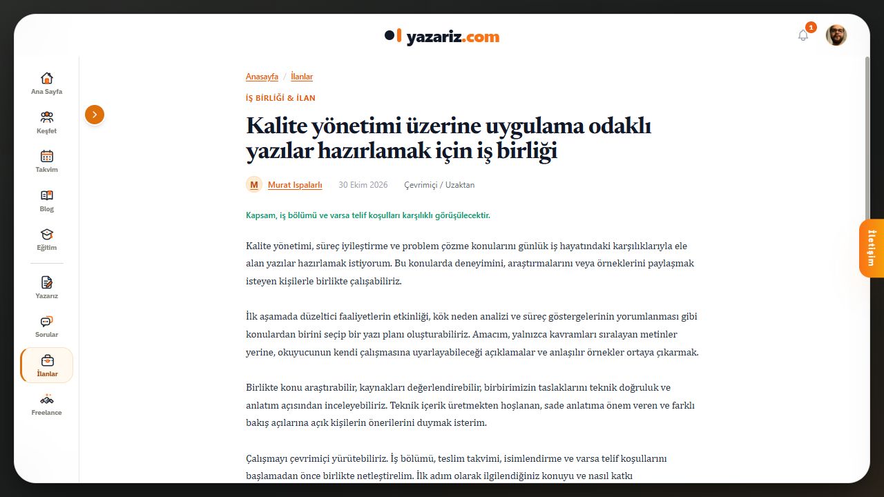 yazariz.com üzerinde yayınlanmış kalite yönetimi için iş birliği ilanı; içerik ve koşulların ayrıntı görünümü.