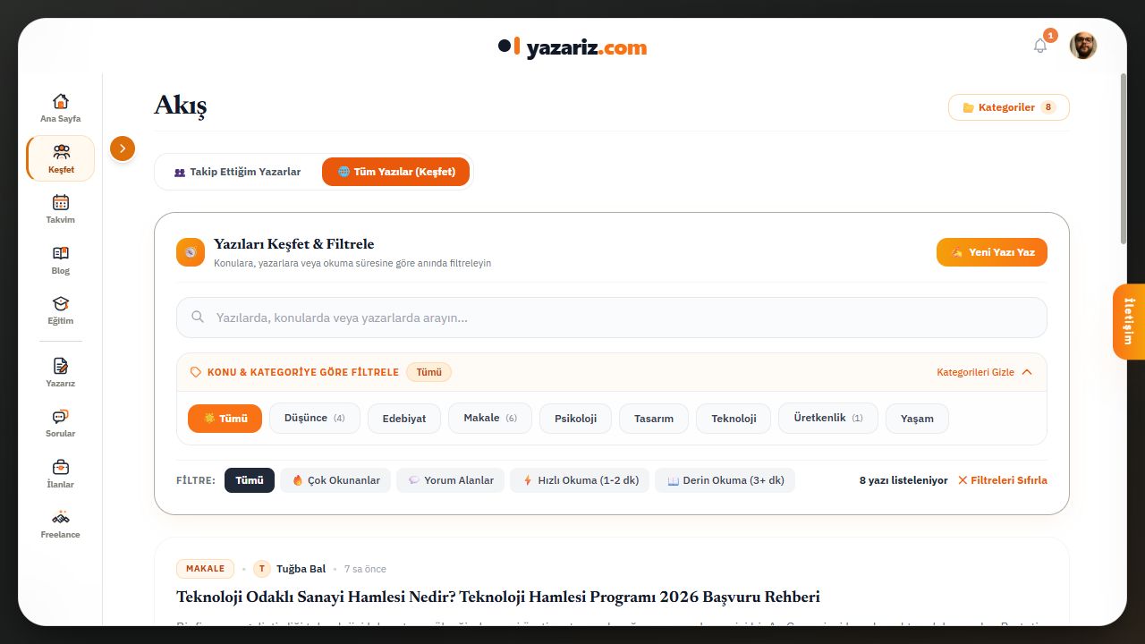 yazariz.com Keşfet: akış sekmeleri, arama, kategori ve okuma filtreleri.