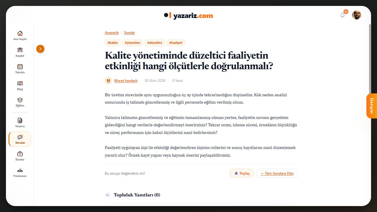Yayınlanmış kalite yönetimi sorusu: başlık, konu etiketleri, açıklama ve topluluk yanıtları.