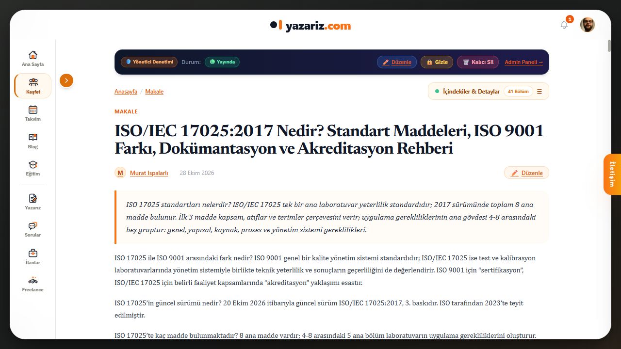 Sol liste kapalıyken geniş makale okuma görünümü. Yönetici denetim düğmeleri yalnızca ilgili yetkiye sahip hesaplarda görünür.