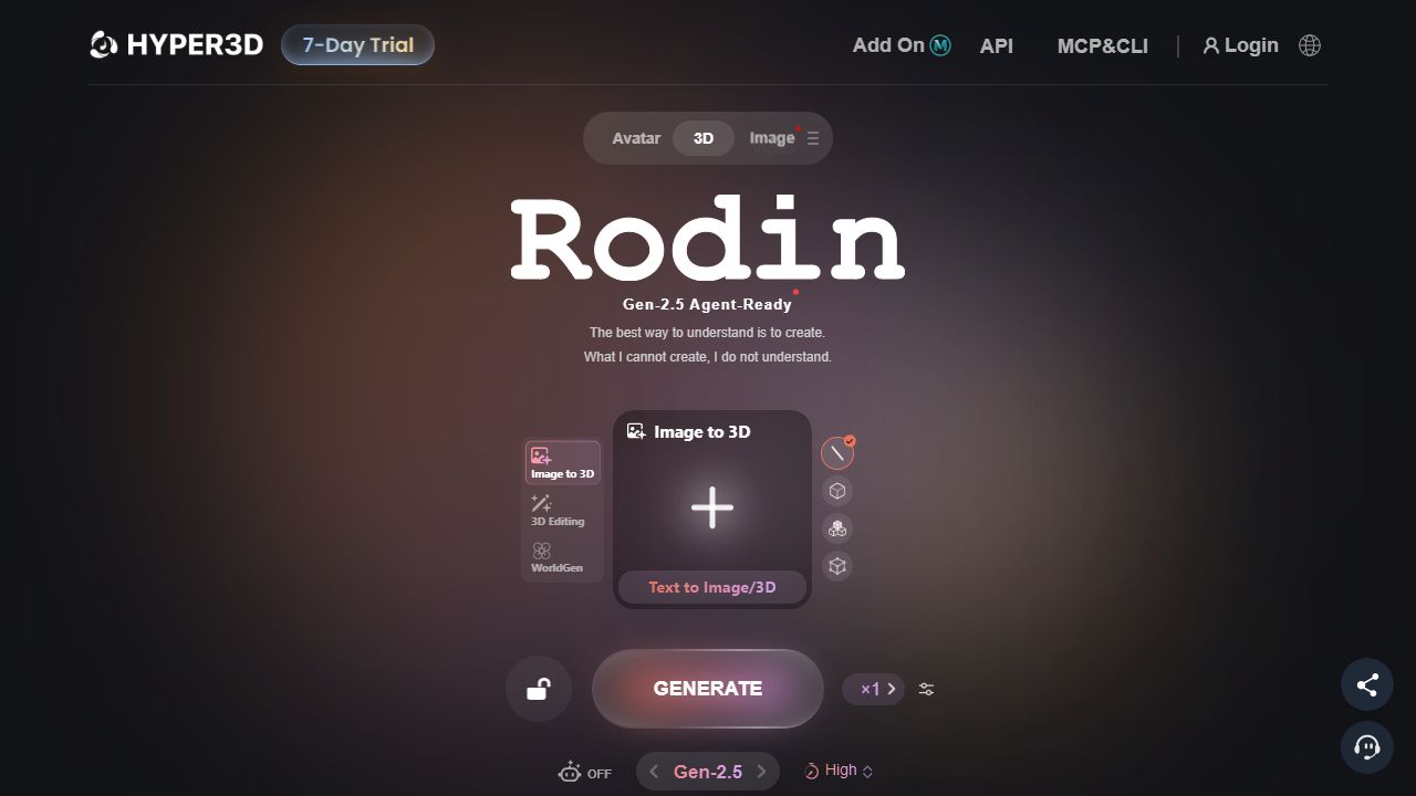 Rodin’in herkese açık çalışma alanında görsel/metin girişi ve üretim kontrolleri.