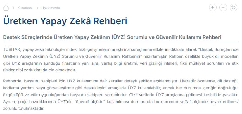 TÜBİTAK Destek Süreçlerinde Üretken Yapay Zekânın Sorumlu ve Güvenilir Kullanımı Rehberi.